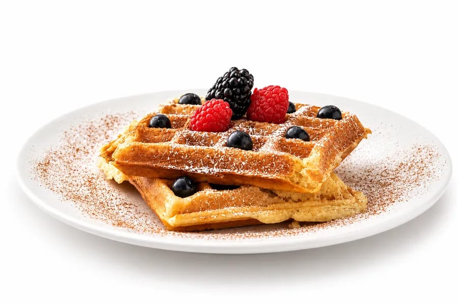Waffles Dulces — Acompañados de frutos rojos, chocolate líquido y azúcar glas